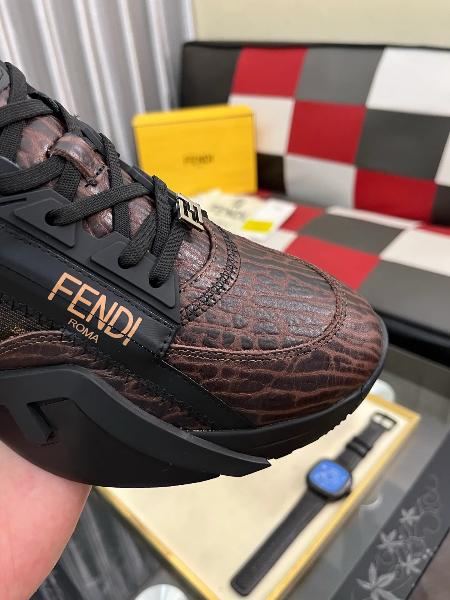 Men's shoes 💰620⌚️⌚️ FEND* — Fendi Flow men's casual sneakers, with elastic straps, side zippers, and corrugated soles engraved with F. Embossed Fendi Flow lettering on the heel. Made of technical fabric and a mix of blue and genuine leather. Decorated with Lycra® details. FF graphic tongue. Ultra-light and wear-resistant EVA sole. Code number: 38-44